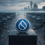 Sui token displayed on a pedestal before rows of empty chairs and a roped-off event space, reflecting weak turnout and collapsing volume after the Sui ETF launch