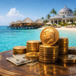 Stacks of gold coins featuring a Trump profile on a beachfront resort table, symbolizing a Trump-linked firm tokenizing future resort loan payments into tradable digital assets