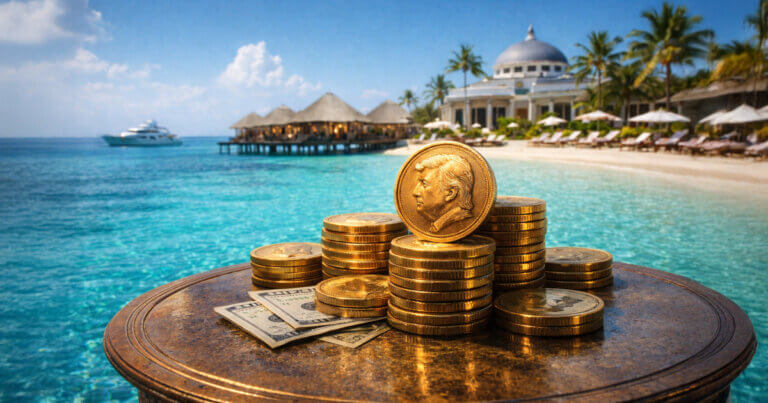Stacks of gold coins featuring a Trump profile on a beachfront resort table, symbolizing a Trump-linked firm tokenizing future resort loan payments into tradable digital assets