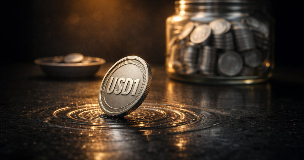 USD1 stablecoin tilting on a reflective surface with stacked tokens in the background, symbolizing the USD1 wobble and concentrated supply on a single exchange
