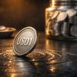 USD1 stablecoin tilting on a reflective surface with stacked tokens in the background, symbolizing the USD1 wobble and concentrated supply on a single exchange