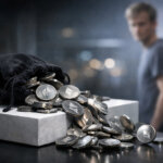 Pile of Ethereum coins spilling from a bag on a table with a blurred figure in the background, symbolizing aggressive ETH selling that has sparked market concerns