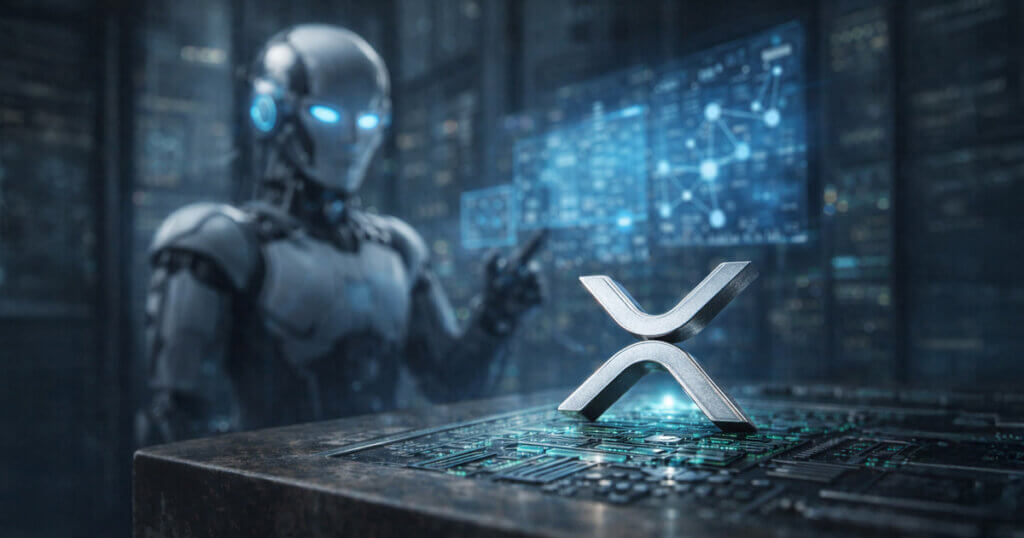AI robot analyzing an XRP logo on a digital platform, illustrating XRPL’s potential to capture billions in machine payments if AI agents adopt RLUSD