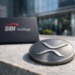 SBI Holdings sign beside an XRP coin outside a corporate office, highlighting the ¥10 billion retail bond launch and an XRP reward incentive with conditions attached