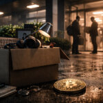 Cardboard box of office belongings outside a tech building with a Bitcoin coin on wet pavement, reflecting AI layoff fears and macroeconomic pressure on crypto markets
