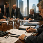 Senior bank executives reviewing documents in a Washington boardroom, symbolizing policy discussions around a $175B regulatory break for big banks and weakened financial crisis safeguards