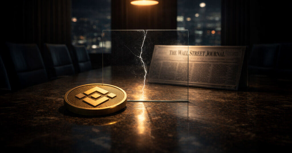 Binance coin on a boardroom table beside a cracked glass panel and a newspaper, symbolizing legal pressure and shifting media scrutiny surrounding the latest lawsuit against Binance