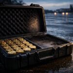Open case filled with gold Bitcoin coins on wet pavement at dusk, symbolizing the White House claim that the Iran war consumed value equal to half of the US Bitcoin reserve in six days