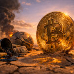 Bitcoin coin standing in a cracked desert landscape with oil pumps, smoke, and a damaged globe in the background, symbolizing geopolitical tension after Iran strikes and Bitcoin’s surge past $72k despite looming market resistance