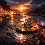Bitcoin coin on an oil-slicked shoreline with burning ships in the distance, symbolizing a market rebound colliding with war risk, UN Security Council tensions, and Hormuz oil-driven inflation fears