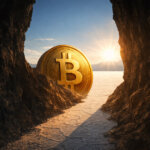 Bitcoin emerging from a dark cave into bright sunrise, symbolizing a BTC rally breaking out of negative momentum and shifting toward renewed bullish strength