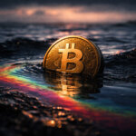 Bitcoin coin half-submerged in dark water with an oil slick sheen, symbolizing crude oil as the new macro signal influencing Bitcoin price trends