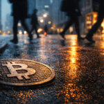 Bitcoin symbol on a rain-soaked city street as the price falls below $70,000 despite record low jobless claims