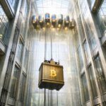 Bitcoin elevator rising inside a glass atrium as select crypto tokens approach all-time highs faster than BTC