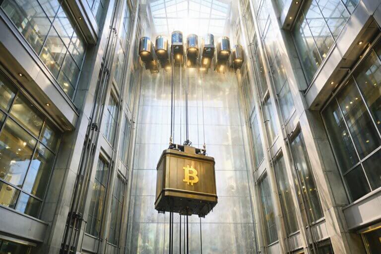 Bitcoin elevator rising inside a glass atrium as select crypto tokens approach all-time highs faster than BTC