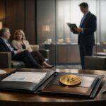 Bitcoin on a financial desk during a client meeting illustrates Morgan Stanley’s imminent MSBT launch and its potential impact on Bitcoin ETF economics