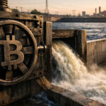Industrial floodgate with a Bitcoin symbol releasing rushing water, representing Bitcoin as a 24/7 pressure valve for stress in the $3 trillion private credit market