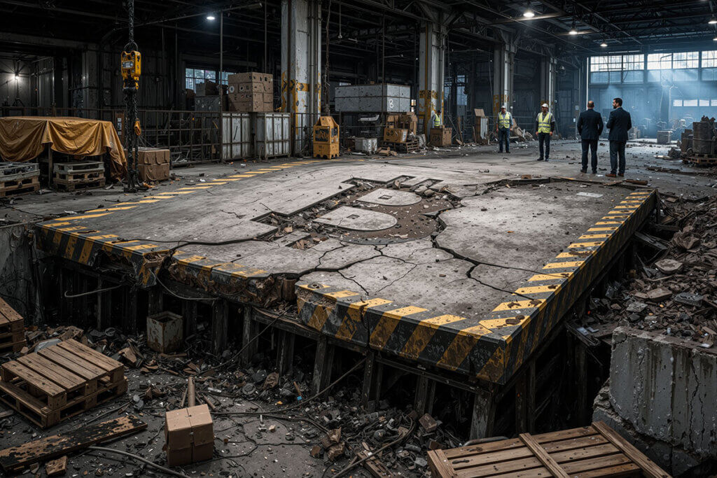 Cracked industrial floor with a Bitcoin symbol collapsing in a warehouse, illustrating mounting macro pressure and a potential $45,000 sell-off trigger for BTC