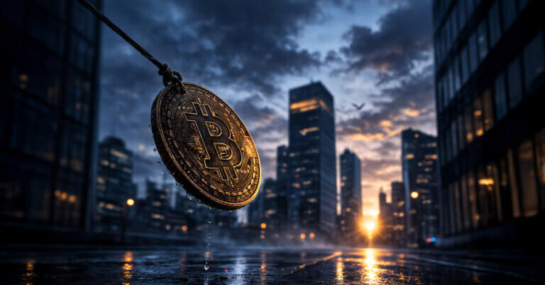 Bitcoin coin hanging over a dark city street at dawn, reflecting deeply negative funding rates ahead of key jobs data release
