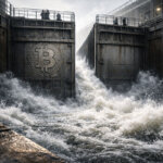 Floodwaters crashing through industrial gates marked with a Bitcoin symbol, illustrating a major liquidity test as $2.2 billion hits the market amid geopolitical pressure
