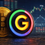 Close-up of a gold Bitcoin coin beside a glossy black G Coin featuring a glowing multicolor “G” emblem, set in front of a blurred trading screen with rising market charts and a visible $75K marker.