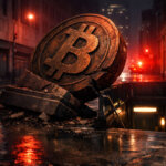 Cracked Bitcoin monument collapsing into a city street near a subway entrance under red emergency lights, illustrating fears of a sharp weekend price drop toward $61,000