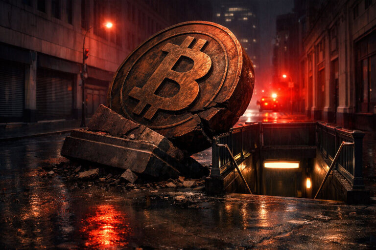 Cracked Bitcoin monument collapsing into a city street near a subway entrance under red emergency lights, illustrating fears of a sharp weekend price drop toward $61,000