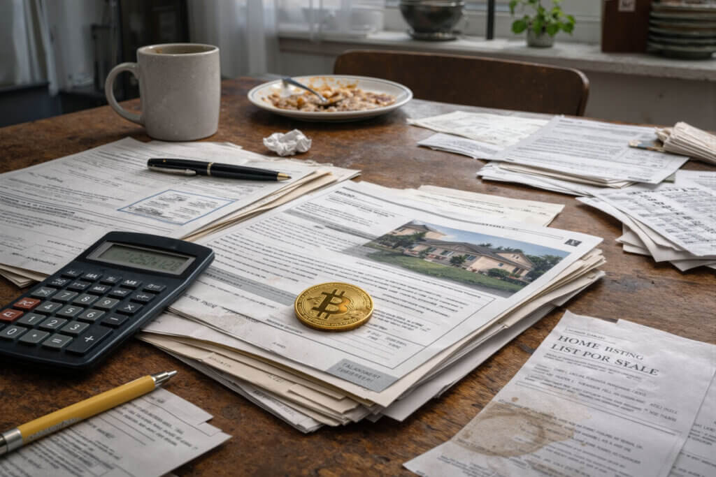 Bitcoin placed on home loan documents and bills illustrates using BTC as collateral to address the US housing crisis