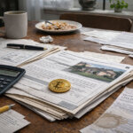 Bitcoin placed on home loan documents and bills illustrates using BTC as collateral to address the US housing crisis