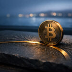 Bitcoin coin resting on a glowing circular groove in stone, symbolizing BTC repeatedly snapping back to the $70k price magnet