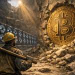Bitcoin miner facing a massive BTC embedded in rock beside mining rigs, symbolizing 20 million coins mined, growing scarcity, and emerging network security concerns