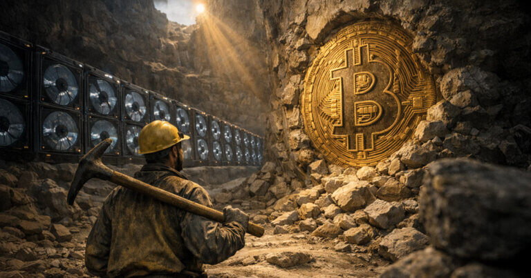 Bitcoin miner facing a massive BTC embedded in rock beside mining rigs, symbolizing 20 million coins mined, growing scarcity, and emerging network security concerns