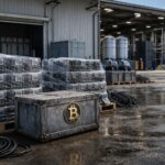 Bitcoin mining equipment stacked outside an industrial facility as operators pivot to AI, selling BTC and taking on debt to maintain liquidity
