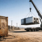 Crane lifting a modular data center beside a weathered Bitcoin mining container in a desert site, illustrating rising Bitcoin mining costs above $70,000 and Wall Street funding new infrastructure solutions
