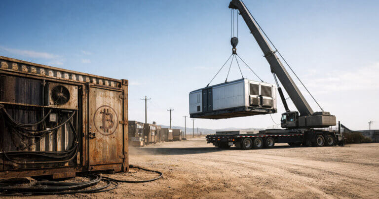 Crane lifting a modular data center beside a weathered Bitcoin mining container in a desert site, illustrating rising Bitcoin mining costs above $70,000 and Wall Street funding new infrastructure solutions