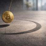 Bitcoin coin swinging like a pendulum over a concrete floor, symbolizing a potential short squeeze as BTC retakes $70k and pressures bearish traders