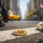 Bitcoin coin on a US city street between a business shoe and a sneaker, symbolizing American retail buyers accumulating BTC as institutional smart money takes profit