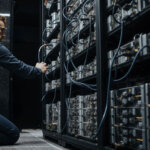 Engineer adjusting Bitcoin mining servers in a data center amid network power struggle over anti-spam proposal and disputed node support