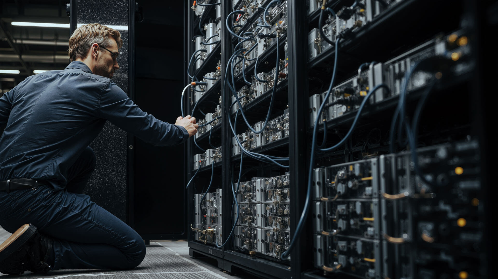 Engineer adjusting Bitcoin mining servers in a data center amid network power struggle over anti-spam proposal and disputed node support