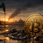 Bitcoin rising from an oil-soaked landscape with pumpjack in the background, symbolizing BTC reclaiming $70,000 after an oil price plunge eased inflation fears ahead of CPI data