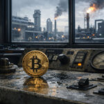 Bitcoin on an industrial control panel with oil refinery fires in the background as markets test a bullish move toward $75,000 after the Iran pause