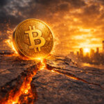 Bitcoin coin glowing above a cracked surface at sunset over a city skyline, symbolizing BTC piercing $74,000 and testing support to hold recent gains