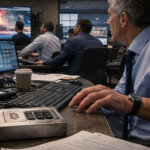 Trader monitors geopolitical crisis on screens while using a Bitcoin device, showing BTC acting as a real-time market risk indicator rather than a traditional safe haven