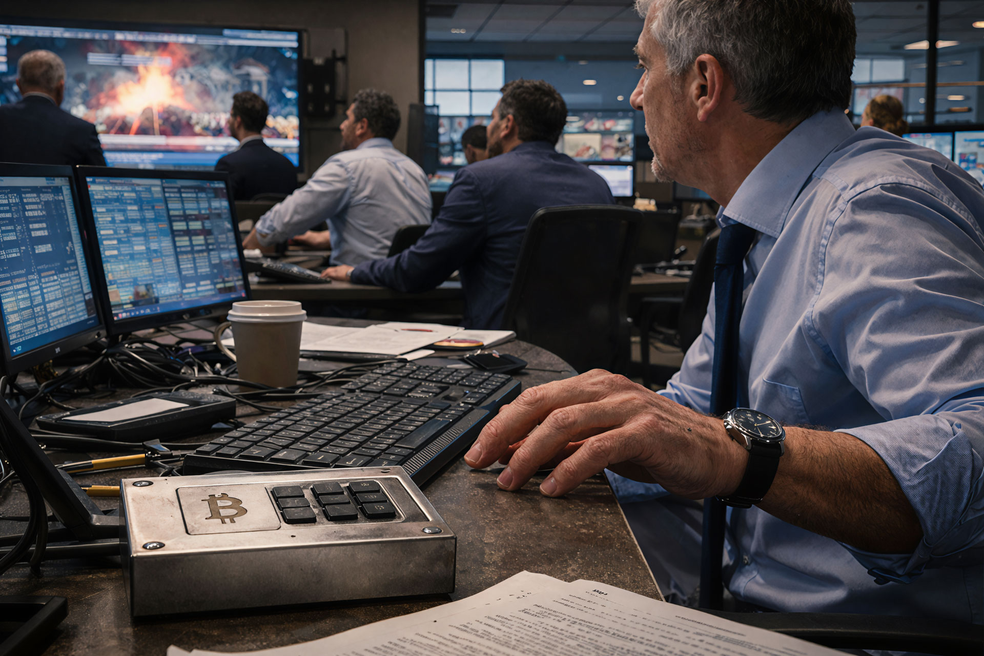 Trader monitors geopolitical crisis on screens while using a Bitcoin device, showing BTC acting as a real-time market risk indicator rather than a traditional safe haven