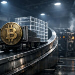 Bitcoin mining carts carrying stacked blocks on an industrial conveyor line, symbolizing power-law growth under pressure from shifting ETF inflows