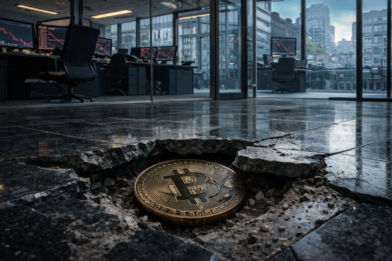 Bitcoin coin sunk into a cracked trading office floor as red market charts flash in the background after the price fell below $70,000