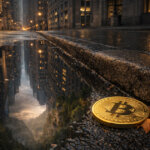 Bitcoin coin resting by a rain-soaked city curb with skyscrapers reflected in a puddle, symbolizing misleading Bitcoin ETF outflows and a potential $19B drop without actual BTC sales