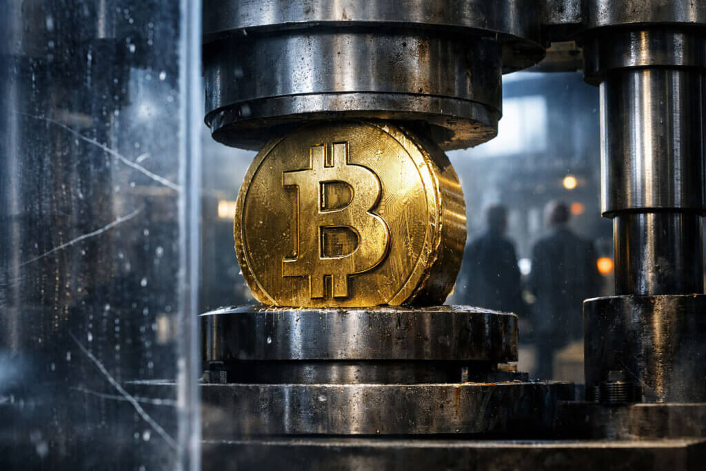 Bitcoin coin being compressed by an industrial press, symbolizing market stress as recession signals suggest a major test for Bitcoin ahead
