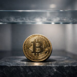 Bitcoin coin displayed beneath a glass ceiling on a stone pedestal, symbolizing BTC rejection at $71,500 and rising risk of a deeper market pullback