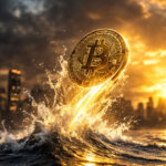 Bitcoin coin surging upward from a wave at sunrise over a city skyline, symbolizing BTC pumping at market open